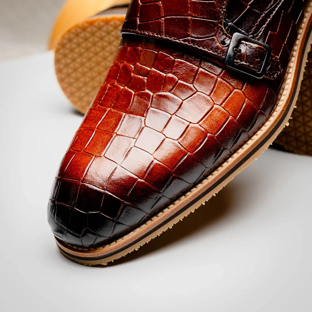 55-112-CGN LEGERRA Hand Burnished Crocodile Print Monkstrap Cognac