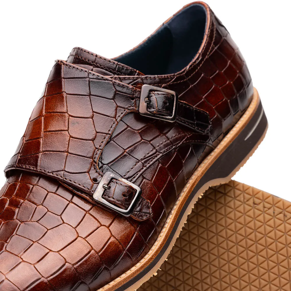 55-112-CGN LEGERRA Hand Burnished Crocodile Print Monkstrap Cognac