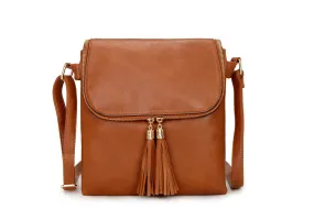 LARGE TAN TASSEL MULTI COMPARTMENT CROSS BODY SHOULDER BAG WITH LONG STRAP