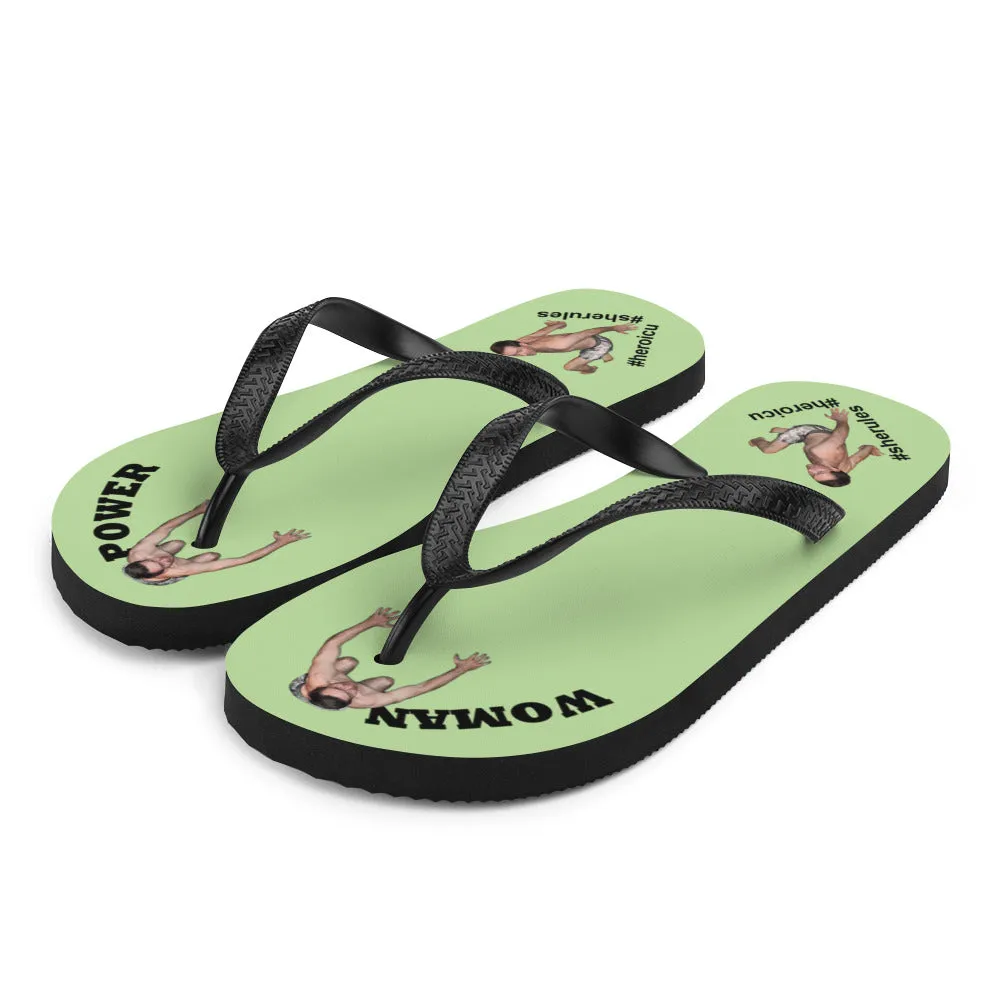 Woman Power Fabric Top Flip Flop Sandal Has Men Bow To Your Toes Pale Green Color with Black Letters (NEW 2023-04)