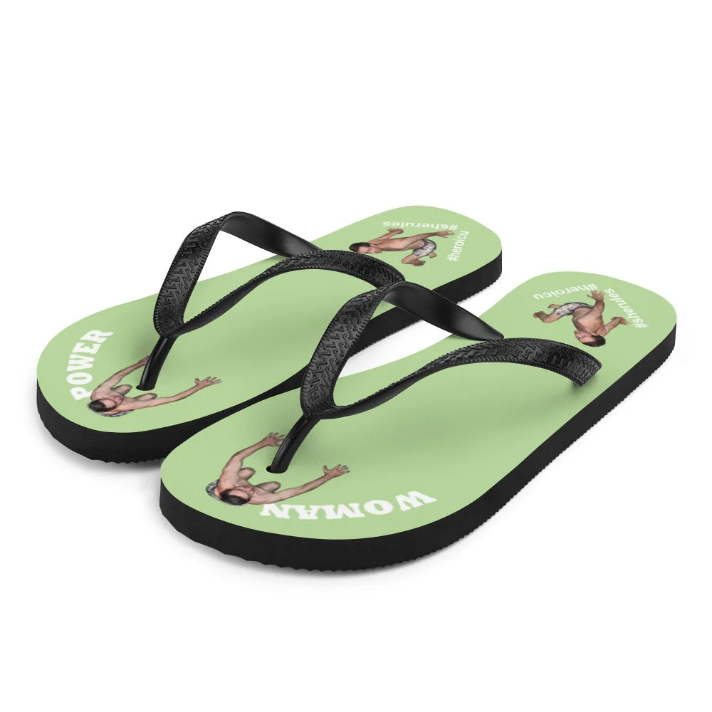 Woman Power Fabric Top Flip Flop Sandal Has Men Bow To Your Toes Pale Green Color with White Letters (NEW 2023-04)